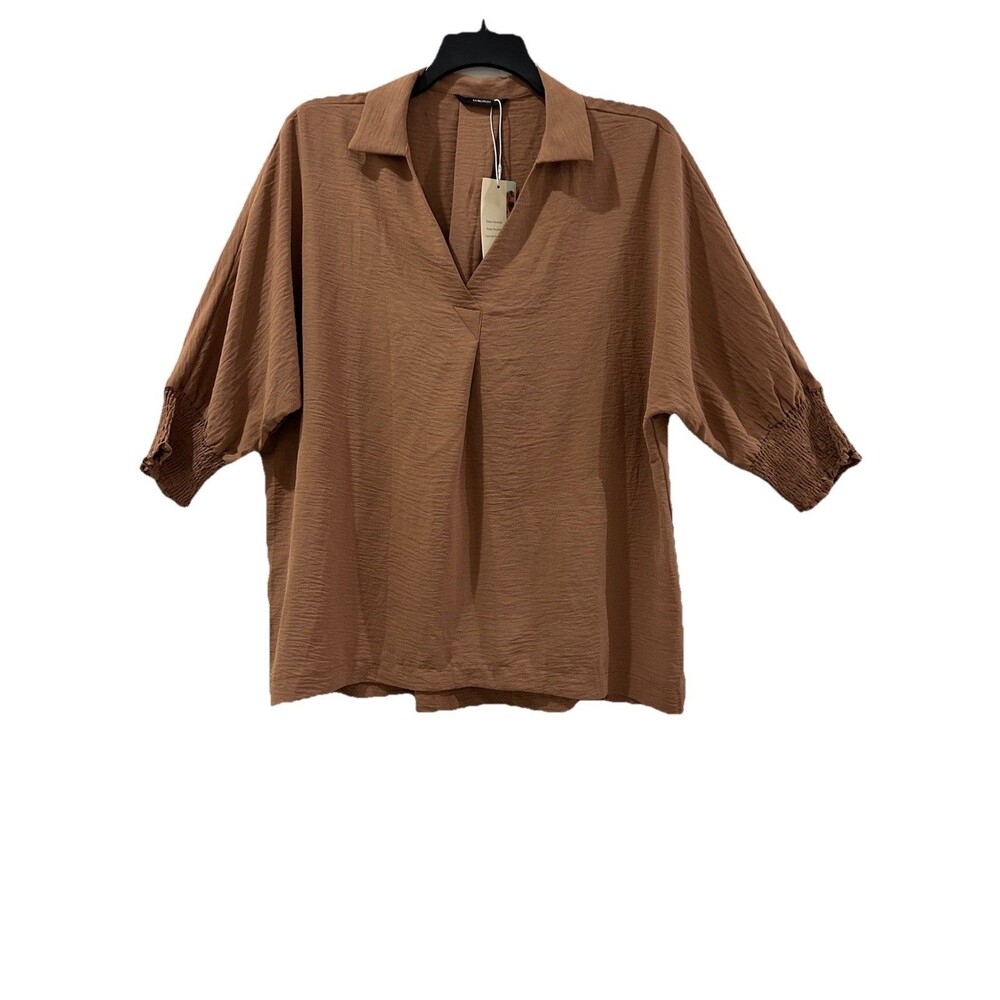 Dokotoo Womens Size XL Blouse Brown V Neck Collar Pullover 3/4 Sleeves NWT